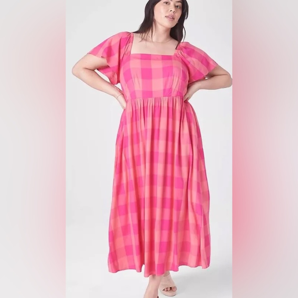Lane Bryant pink plaid perfect sleeve off or on the shoulder dress